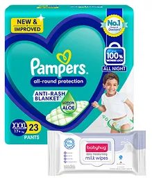 Pampers All round Protection Pants, Extra Extra Extra Large size  (XXXL) 23 Count, Anti Rash diapers, Lotion with Aloe Vera & Babyhug Daily Moisturising Milk Wipes - 72 Pieces