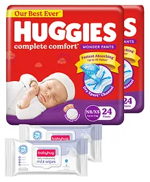 Huggies Wonder Pants Extra Small Size Pant Style Diapers Pack Of 2 - 24 Pieces Each & Babyhug Daily Moisturising Milk Wipes - 72 Pieces - (Pack of 2)