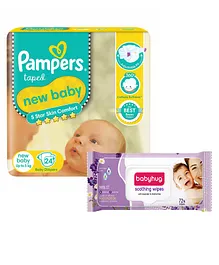 Pampers Active Baby Diapers, New Born, Extra Small, (NB, XS) size, 24 Count, Taped style diaper & Babyhug Soothing Lavender & Chamomile Wipes - 72 Pieces