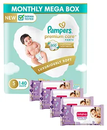 Pampers Premium Care Pants, Small size baby diapers (SM), 140 Count, Softest ever Pampers pants & Babyhug Soothing Lavender & Chamomile Wipes - 72 Pieces - (Pack of 4)