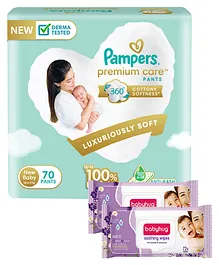 Pampers Premium Care Pants, New Born, Extra Small size baby diapers (NB,XS), 70 count, Softest ever Pampers & Babyhug Soothing Lavender & Chamomile Wipes - 72 Pieces - (Pack of 2)