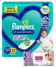 Pampers All round Protection Pants, Extra Extra Extra Large size  (XXXL) 23 Count, Anti Rash diapers, Lotion with Aloe Vera & Babyhug Soothing Lavender & Chamomile Wipes - 72 Pieces