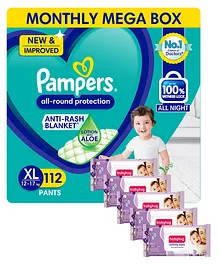 Pampers All round Protection Pants, Extra Large size (XL) 112 Count, Anti Rash diapers, Lotion with Aloe Vera & Babyhug Soothing Lavender & Chamomile Wipes - 72 Pieces - (Pack of 4)