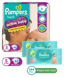 Pampers Active Baby Taped Diapers, Small size diapers, (SM) 92 count, taped style custom fit & Pampers Baby Gentle wet wipes with Aloe, 144 count, 97 Pure Water