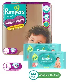Pampers Active Baby Taped Diapers, Large size diapers, (LG) 78 count, taped style custom fit & Pampers Baby Gentle wet wipes with Aloe, 144 count, 97 Pure Water
