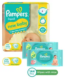 Pampers Active Baby Diapers, New Born, Extra Small, (NB, XS) size, 72 Count, Taped style diaper & Pampers Baby Gentle wet wipes with Aloe, 144 count, 97 Pure Water