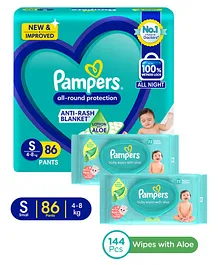 Pampers All round Protection Pants, Small size (SM) 86 Count, Anti Rash diapers, Lotion with Aloe Vera & Pampers Baby Gentle wet wipes with Aloe, 144 count, 97 Pure Water