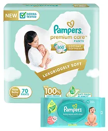 Pampers Premium Care Pants, New Born, Extra Small size baby diapers  (NB,XS), 70 count, Softest ever Pampers & Pampers Baby Gentle wet wipes with Aloe, 144 count, 97 Pure Water