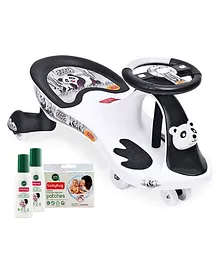 Babyhug Baby Panda Gyro Swing Car - Black & White with Natural Mosquito Repellent Patches (48 pcs) & Fabric Roll On (8ml - Pack of 2) - Set of 4