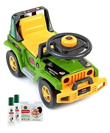 Babyhug Jungle Safari Foot To Floor Ride-On - Green & Yellow with Natural Mosquito Repellent Patches (48 pcs) & Fabric Roll On (8ml - Pack of 2) - Set of 4