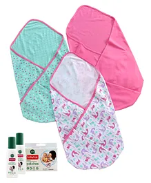 Babyhug 100 Cotton Wrapper - Pink Purple Pack of 3 with Natural Mosquito Repellent Patches (48 pcs) & Fabric Roll On (8ml - Pack of 2) - Set of 4