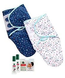 Babyhug 100 Cotton Swaddle Wrapper - White & Blue Set of 2 with Natural Mosquito Repellent Patches (48 pcs) & Fabric Roll On (8ml - Pack of 2) - Set of 4