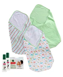 Babyhug 100 Cotton Wrapper - Green Pack of 3 with Natural Mosquito Repellent Patches (48 pcs) & Fabric Roll On (8ml - Pack of 2) - Set of 4