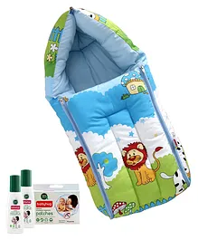 Babyhug Cotton Sleeping Bag - Blue with Natural Mosquito Repellent Patches (48 pcs) & Fabric Roll On (8ml - Pack of 2) - Set of 4