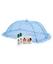 Babyhug Portable Baby Mosquito Net - Blue with Natural Mosquito Repellent Patches (48 pcs) & Fabric Roll On (8ml - Pack of 2) - Set of 4