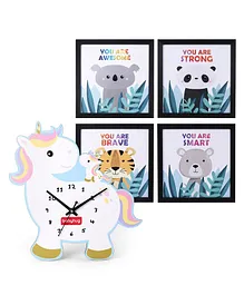 Babyhug Unicorn Shaped Wall Clock with Wooden Wall Poster Frame Medium Set