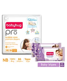 Babyhug Pro Bubble care premium Tape Style Diaper New Born - 86 Pieces & Babyhug Soothing Lavender & Chamomile Wipes - 72 Pieces -(Pack of 2)