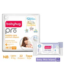 Babyhug Pro Bubble care premium Tape Style Diaper New Born - 22 Pieces & Babyhug Daily Moisturising Milk Wipes - 72 Pieces