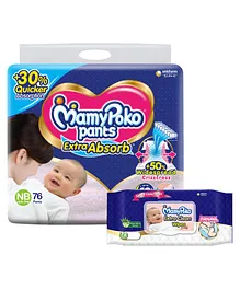 MamyPoko Extra Absorb Pants Style Diapers (New Born) 76 and MamyPoko Extra-Clean Wipes for Baby - Pack of 72