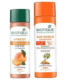 Biotique Apricot Refreshing Body Wash With Sun Shield 50- Spf Sandalwood Sunscreen Lotion (190 ml & 120 ml)