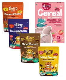 Slurrp Farm Blueberry, Classic, Banana & Chocolate Pancake Mix Combo & Strawberry, Ragi Milk Cereal