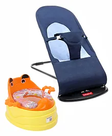 4 in 1 Potty Chair with Handle & Removable Bowl - Orange and Babyhug Light weight Baby Bouncer with Safety Harness - Navy Blue