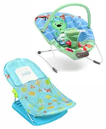 Babyhug Light Weight Comfy Bouncer With Music & Calming Vibrations Animal Print - Blue Green (Without Toys) and Babyhug Bubble Joy Bather Aquatic Print - Blue