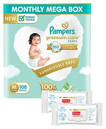 Pampers Premium Care Pants, Medium size baby diapers (M), 108 Count, Softest ever Pampers pants & Babyhug Advanced 99 Water Wipes - 72 pieces - (Pack of 2)