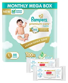 Pampers Premium Care Pants, Large size baby diapers (L), 88 Count, Softest ever Pampers pants & Babyhug Advanced 99 Water Wipes - 72 pieces - (Pack of 2)