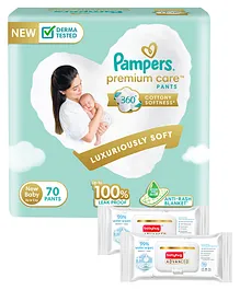 Pampers Premium Care Pants, New Born, Extra Small size baby diapers  (NB,XS), 70 count, Softest ever Pampers & Babyhug Advanced 99 Water Wipes - 72 pieces - (Pack of 2)