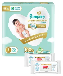 Pampers Premium Care Pants, Small size baby diapers (S), 70 Count, Softest ever Pampers pants & Babyhug Advanced 99 Water Wipes - 72 pieces - (Pack of 2)