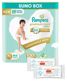 Pampers Premium Care Pants, Extra Large size baby diapers (XL), 144 Count, Softest ever Pampers pants & Babyhug Advanced 99 Water Wipes - 72 pieces - (Pack of 2)