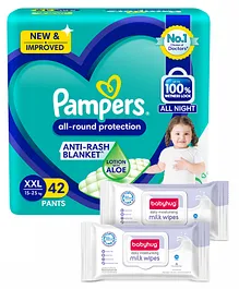 Pampers All round Protection Pants, Extra Large size baby diapers (XL) 56 Count, Lotion with Aloe Vera & Babyhug Daily Moisturising Milk Wipes - 24 Pieces - (Pack of 2)
