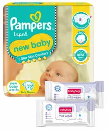Pampers Active Baby Diapers, New Born, Extra Small, (NB, XS) size, 72 Count, Taped style diaper & Babyhug Daily Moisturising Milk Wipes - 24 Pieces - (Pack of 2)