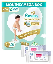 Pampers Premium Care Pants, Extra Large size baby diapers (XL), 72 Count, Softest ever Pampers pants & Babyhug Daily Moisturising Milk Wipes - 24 Pieces - (Pack of 2)