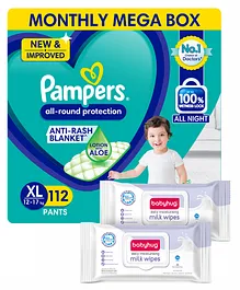 Pampers All round Protection Pants, Extra Large size baby diapers (XL) 112 Count, Lotion with Aloe Vera (Packaging May Vary) & Babyhug Daily Moisturising Milk Wipes - 24 Pieces - (Pack of 2)