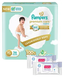 Pampers Premium Care Pants, Extra Large size baby diapers (XL), 36 Count, Softest ever Pampers pants & Babyhug Daily Moisturising Milk Wipes - 24 Pieces - (Pack of 2)