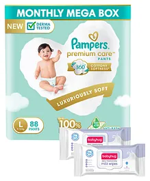 Pampers Premium Care Pants, Large size baby diapers (L), 88 Count, Softest ever Pampers pants & Babyhug Daily Moisturising Milk Wipes - 24 Pieces - (Pack of 2)
