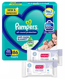 Pampers All round Protection Pants, New Born, Extra Small size baby diapers (NB,XS) 86 Count, Lotion with Aloe Vera & Babyhug Daily Moisturising Milk Wipes - 24 Pieces - (Pack of 2)