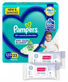 Pampers All round Protection Pants, Extra Extra Extra Large size baby diapers (XXXL) 23 Count, Lotion with Aloe Vera & Babyhug Daily Moisturising Milk Wipes - 24 Pieces - (Pack of 2)