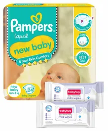 Pampers Active Baby Diapers, New Born, Extra Small, (NB, XS) size, 24 Count, Taped style diaper & Babyhug Daily Moisturising Milk Wipes - 24 Pieces - (Pack of 2)