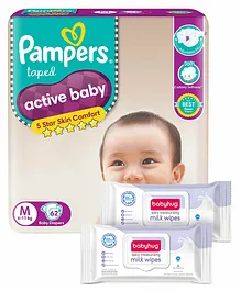 Pampers Active Baby Taped Diapers, Medium size diapers, (M) 62 count, taped style custom fit & Babyhug Daily Moisturising Milk Wipes - 24 Pieces - (Pack of 2)