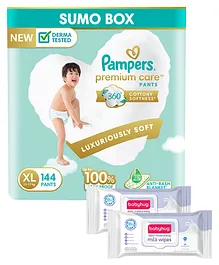 Pampers Premium Care Pants Baby Diapers Extra Large - 144 Pieces & Babyhug Daily Moisturising Milk Wipes - 24 Pieces - (Pack of 2)