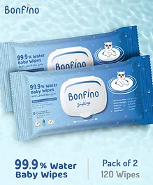 Bonfino 99.9% Water Baby Wipes 60 Pieces - Pack of 2