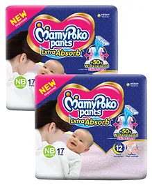 MamyPoko Pants Extra Absorb Diaper for Extra Absorption- For New Born upto 5 Kg - Pack of 17 (NB1) - (Pack of 2)