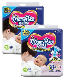 MamyPoko Extra Absorb Pants Style Diapers (New Born) 58 - (Pack of 2)