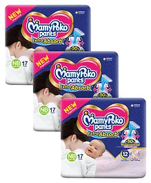 MamyPoko Pants Extra Absorb Diaper for Extra Absorption- For New Born upto 5 Kg - Pack of 17 (NB1) - (Pack of 3)