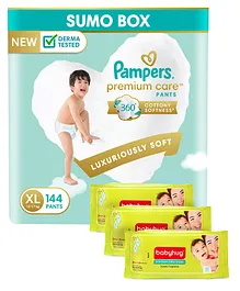Pampers Premium Care Pants Baby Diapers Extra Large - 144 Pieces & Babyhug Premium Baby Wipes - 80 Pieces - (Pack of 3)
