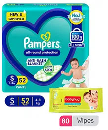 Pampers All Round Protection Pants Small Size - 52 Pieces & Babyhug Premium Baby Wipes - 80 Pieces