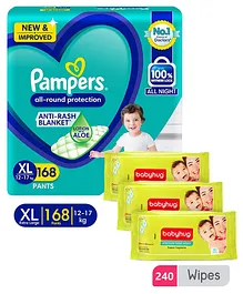 Pampers All round Protection Pants Lotion With Aloe Vera Extra Large Size Baby Diapers - 168 Pieces & Babyhug Premium Baby Wipes - 80 Pieces - (Pack of 3)